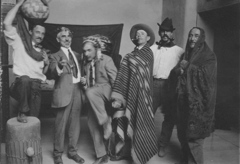 Members of the Taos Society of Artists clowning for the camera in Couse’s studio (L-R, E.L. Blumenschein, J.H. Sharp, B.G. Phillips, O.E. Berninghaus, W.H. Dunton, and E.I. Couse).