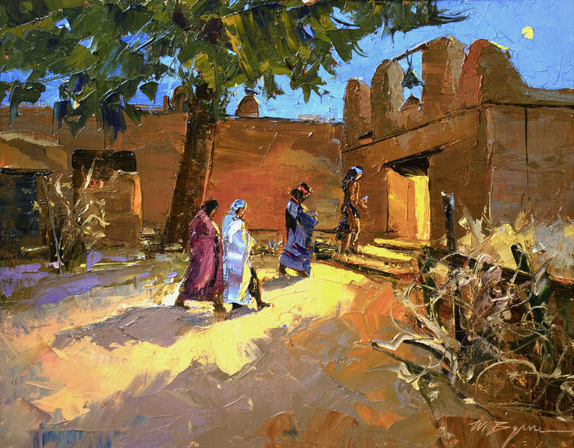 Michelle Byrne | Luna Chapel Visitors | oil on linen | 14 x 18 | Scene at Couse-Sharp Historic Site | Starting Bid $1800, Buy it Now Price $3000
