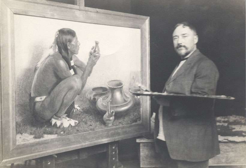 Couse in his Taos studio at work on "San Juan Pottery," 1911.