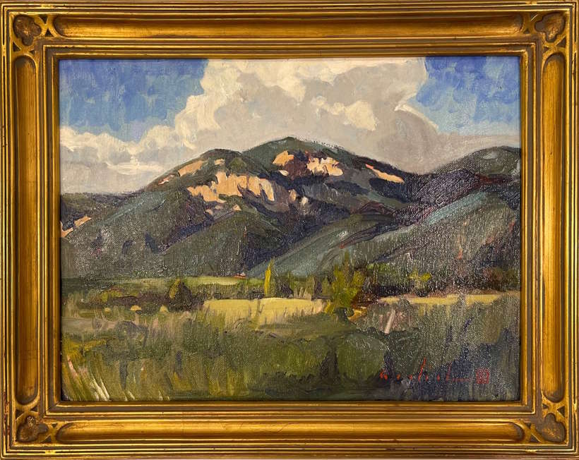 Aaron Garlick | Late Summer Clouds, 2020 | oil on linen | 12 x 16 | Image of El Salto near Taos | Starting Bid $1400, Buy it Now Price $2000