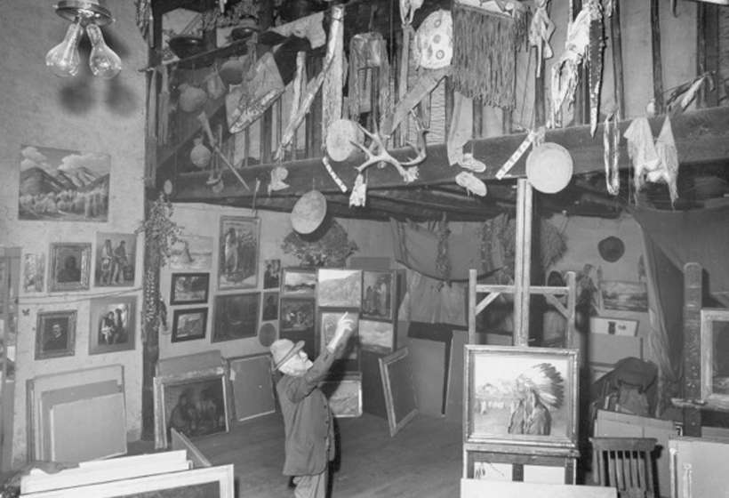 J.H. Sharp in his studio, 1946. Sharp was the first to come to Taos, in 1893, and eventually built this studio.