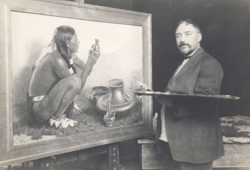 E.I. Couse in his studio at work on San Juan Pottery, 1911. Couse first came to Taos in 1902, at the suggestion of Ernest Blumenschein.